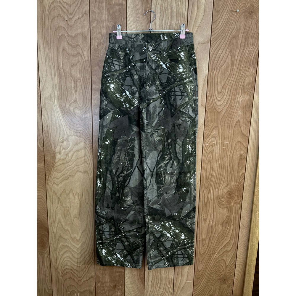 SHEIN Tall XS Camo Print High Waisted Straight Leg Pants Forest Camouflage Green